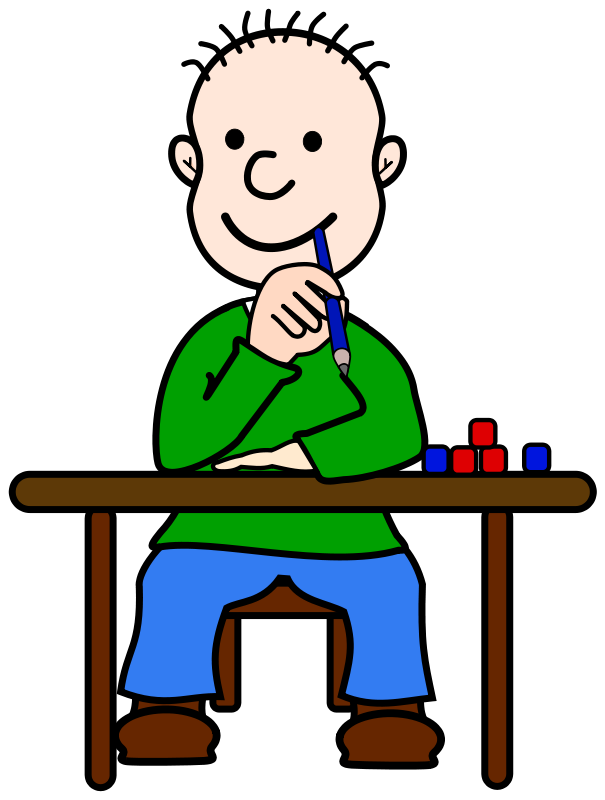 A Cartoon Of A Boy Sitting At A Table With A Pencil
