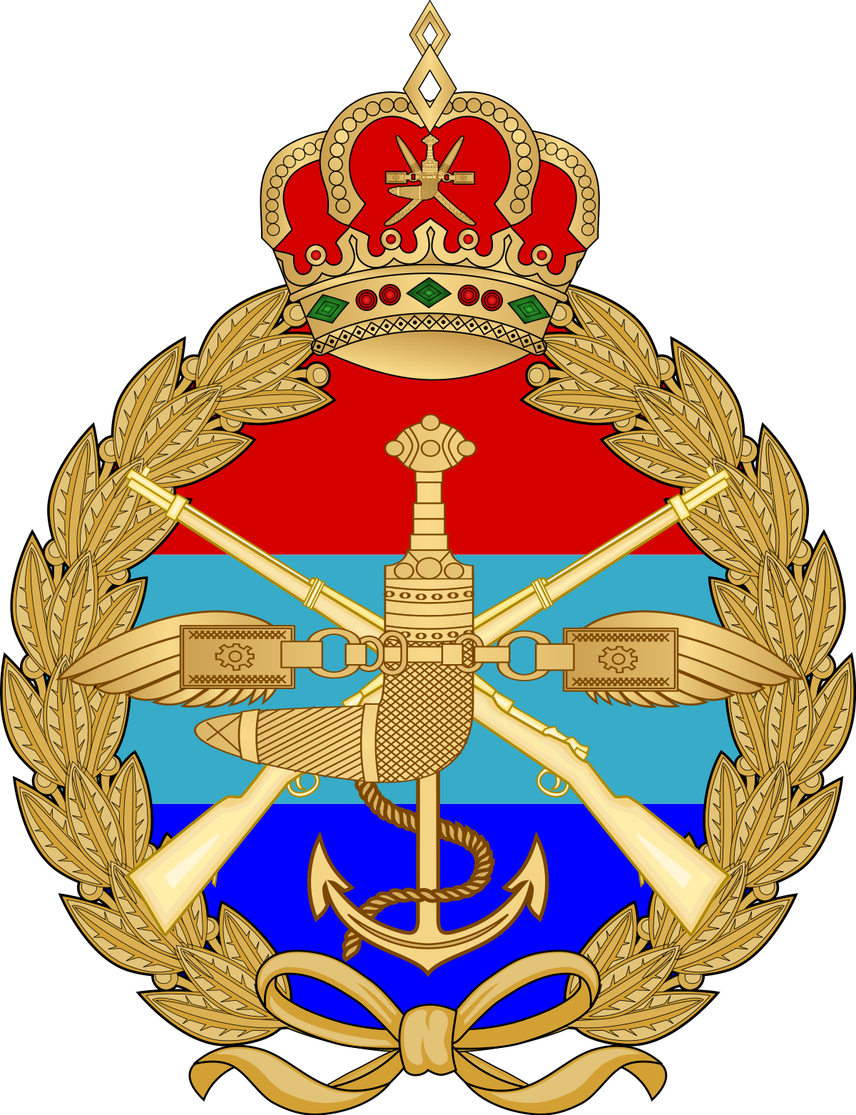 A Gold Emblem With A Crown And A Anchor And Rifles