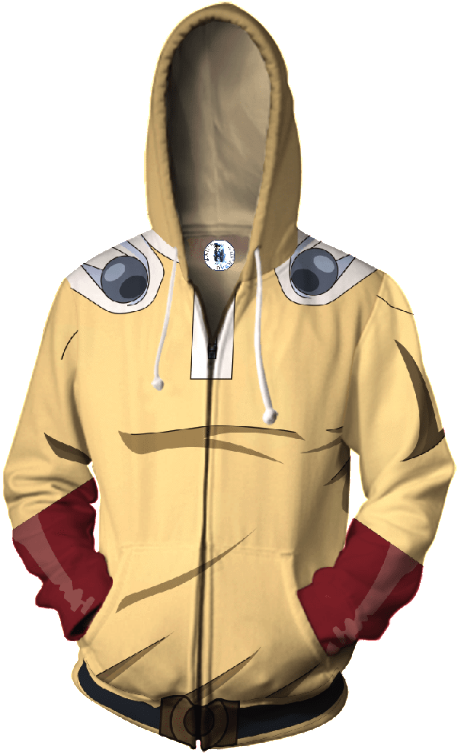 A Yellow Zip Up Hoodie With Cartoon Eyes And A Silver Coin