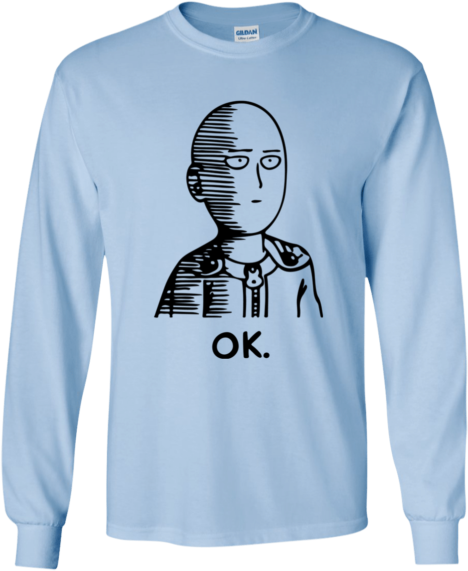 A Long Sleeved Light Blue Shirt With A Drawing Of A Bald Man