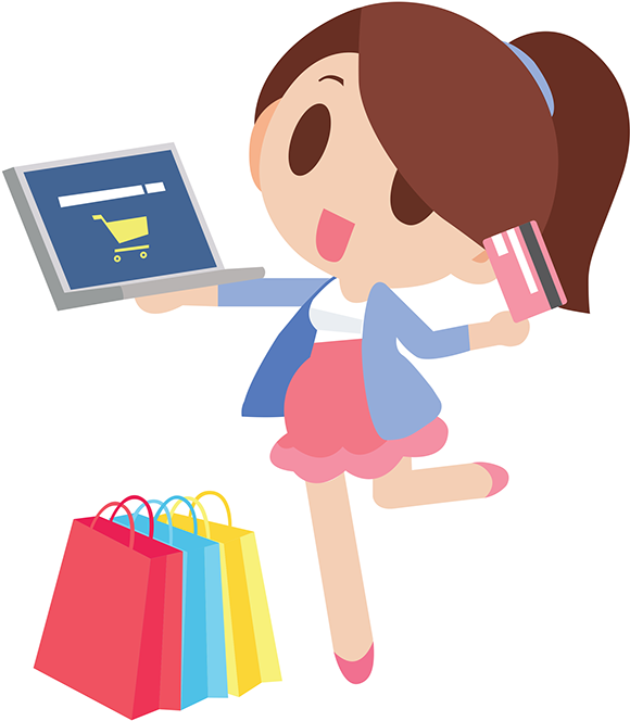 A Cartoon Of A Woman Holding A Laptop And Shopping Bags