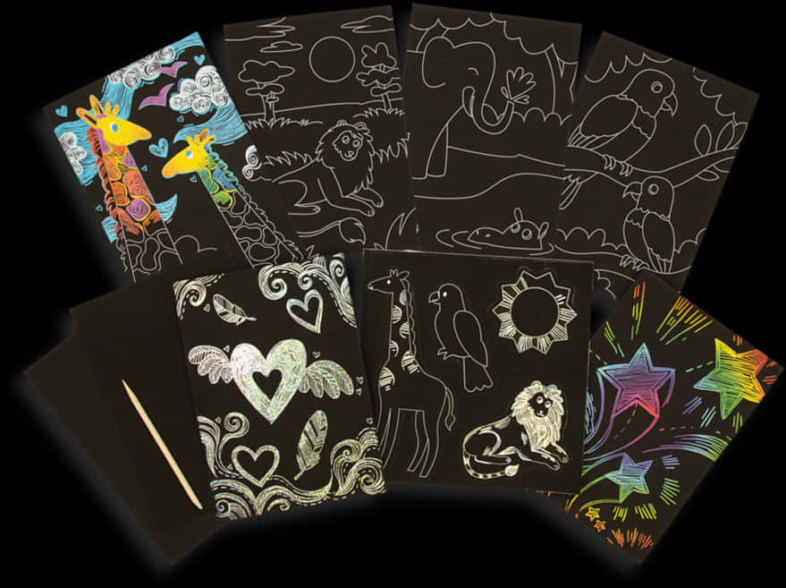 A Group Of Black Cards With Drawings On Them