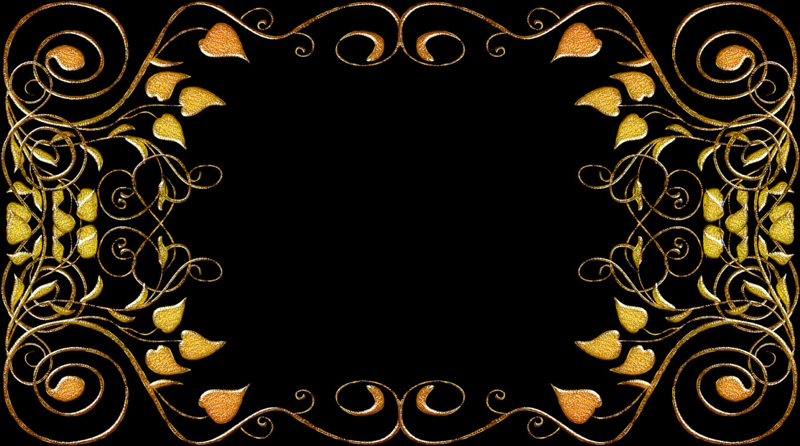 A Black Background With Gold Leaves And Swirls