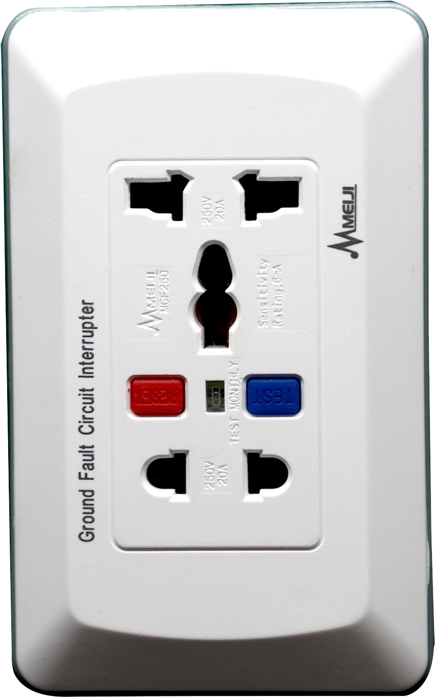 A White Electrical Outlet With Red And Blue Plugs