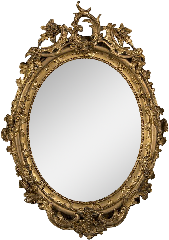 A Gold Oval Mirror With A Black Background