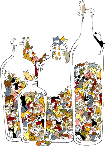 A Group Of Bottles Filled With Cats