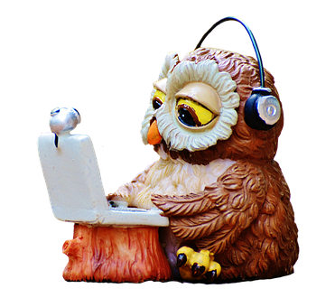 A Statue Of An Owl Using A Laptop