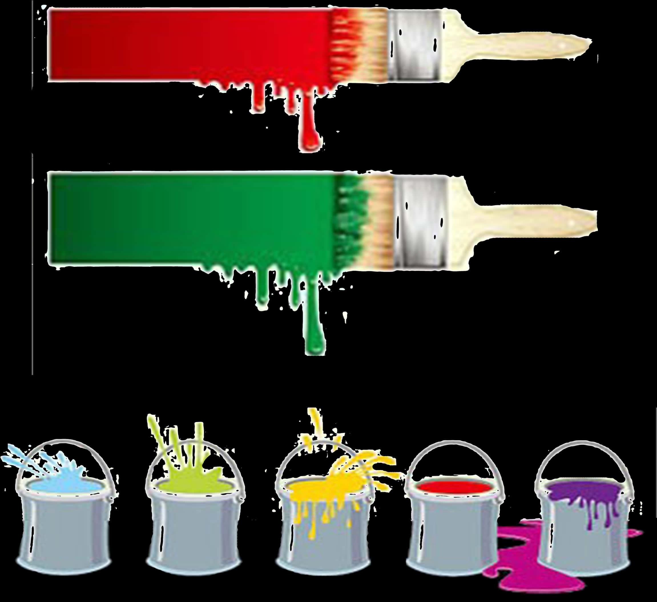 Paint Brushes With Paint Dripping From Buckets