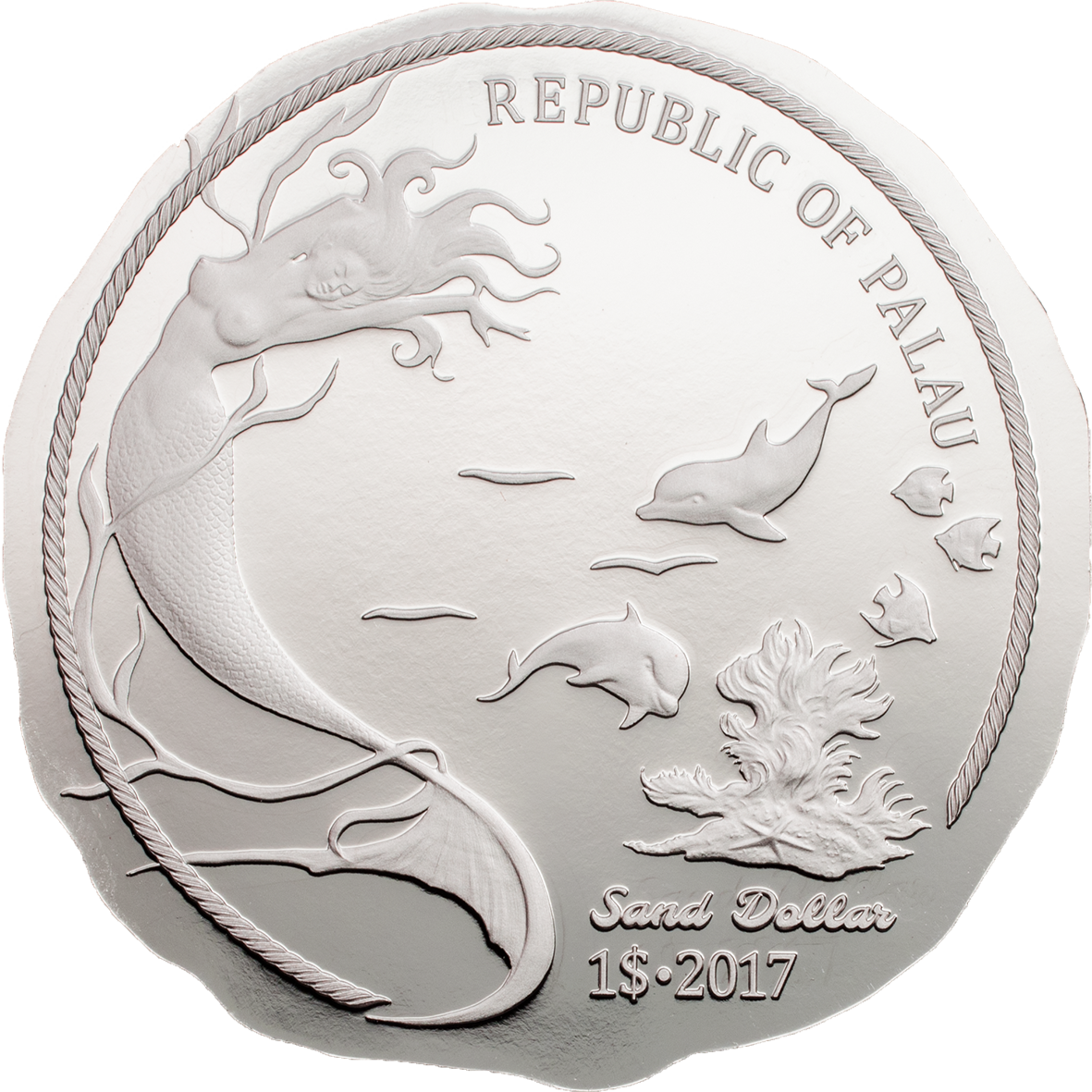 A Silver Coin With A Mermaid And Dolphins