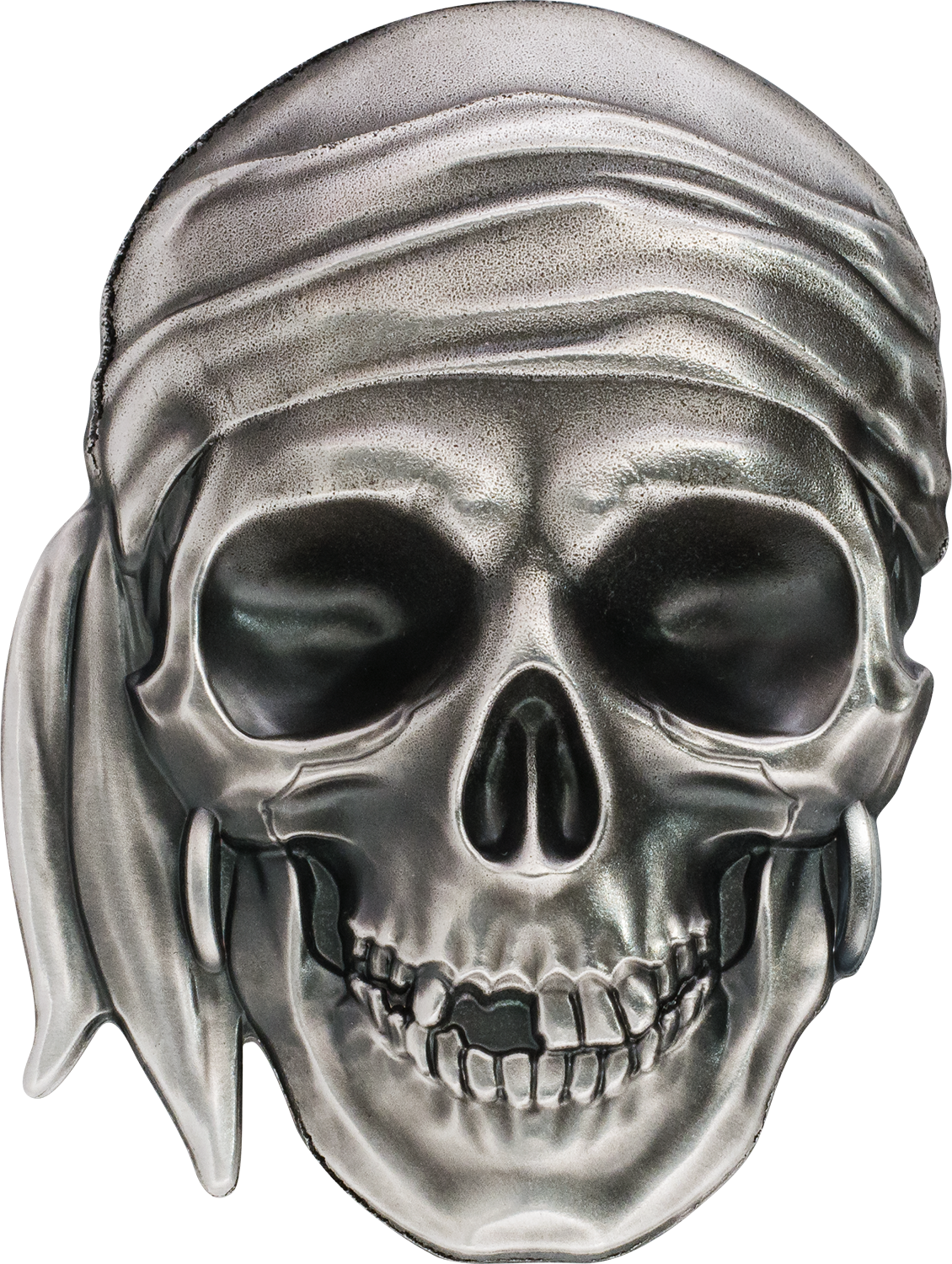 A Silver Skull With A Bandana On It