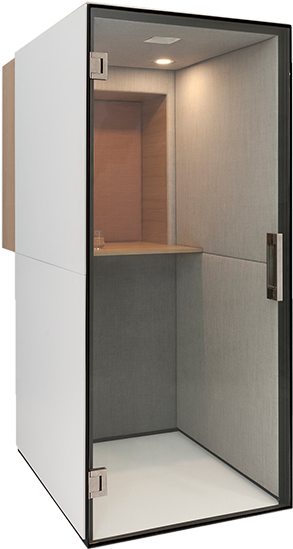 A White And Grey Cubicle With A Shelf