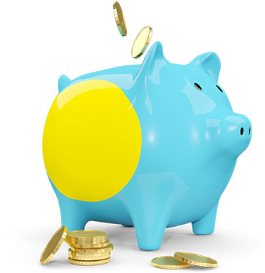 A Blue Piggy Bank With A Yellow Circle And Gold Coins