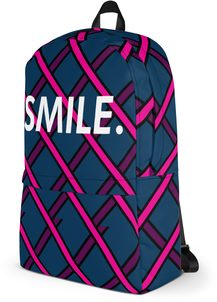 A Backpack With A Pattern Of Pink And Blue Lines