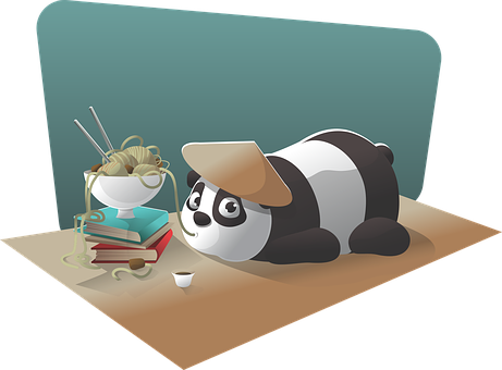 A Cartoon Of A Panda Lying On A Table With A Bowl Of Noodles And A Cup Of Soup