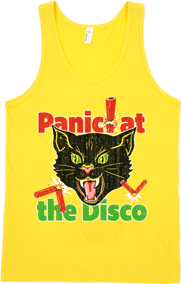 A Yellow Tank Top With A Cat Face And Text