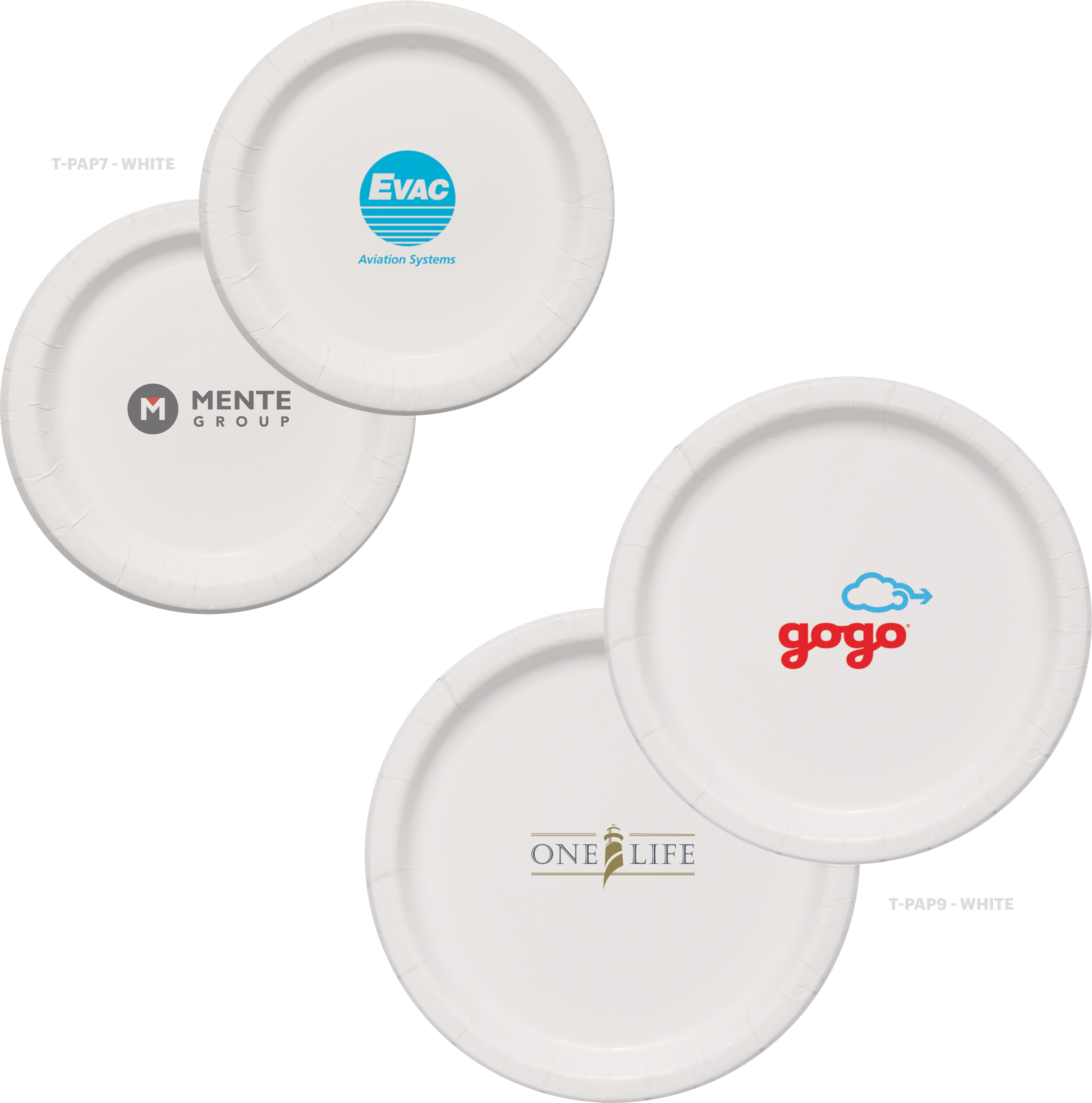 A Group Of White Plates With Different Logos