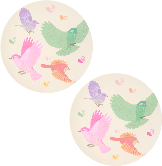 A Pair Of Round Plates With Colorful Birds On Them