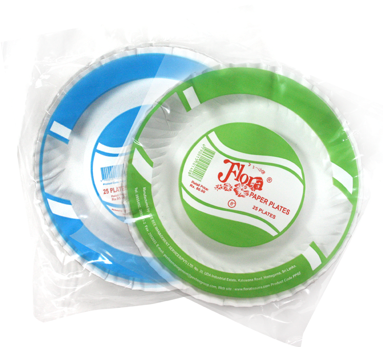 A Blue And Green Paper Plates In Plastic Wrap