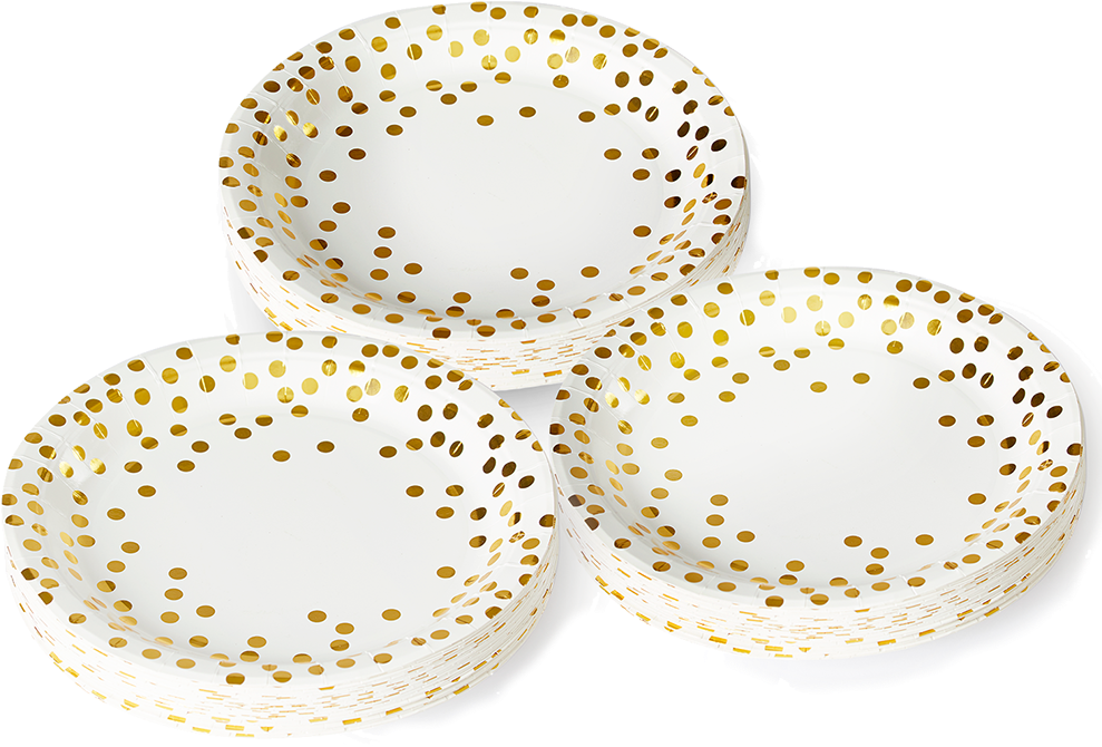 A Group Of White And Gold Plates