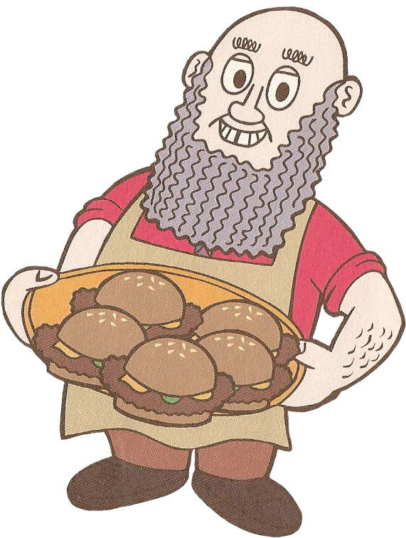 A Cartoon Of A Man Holding A Tray Of Burgers
