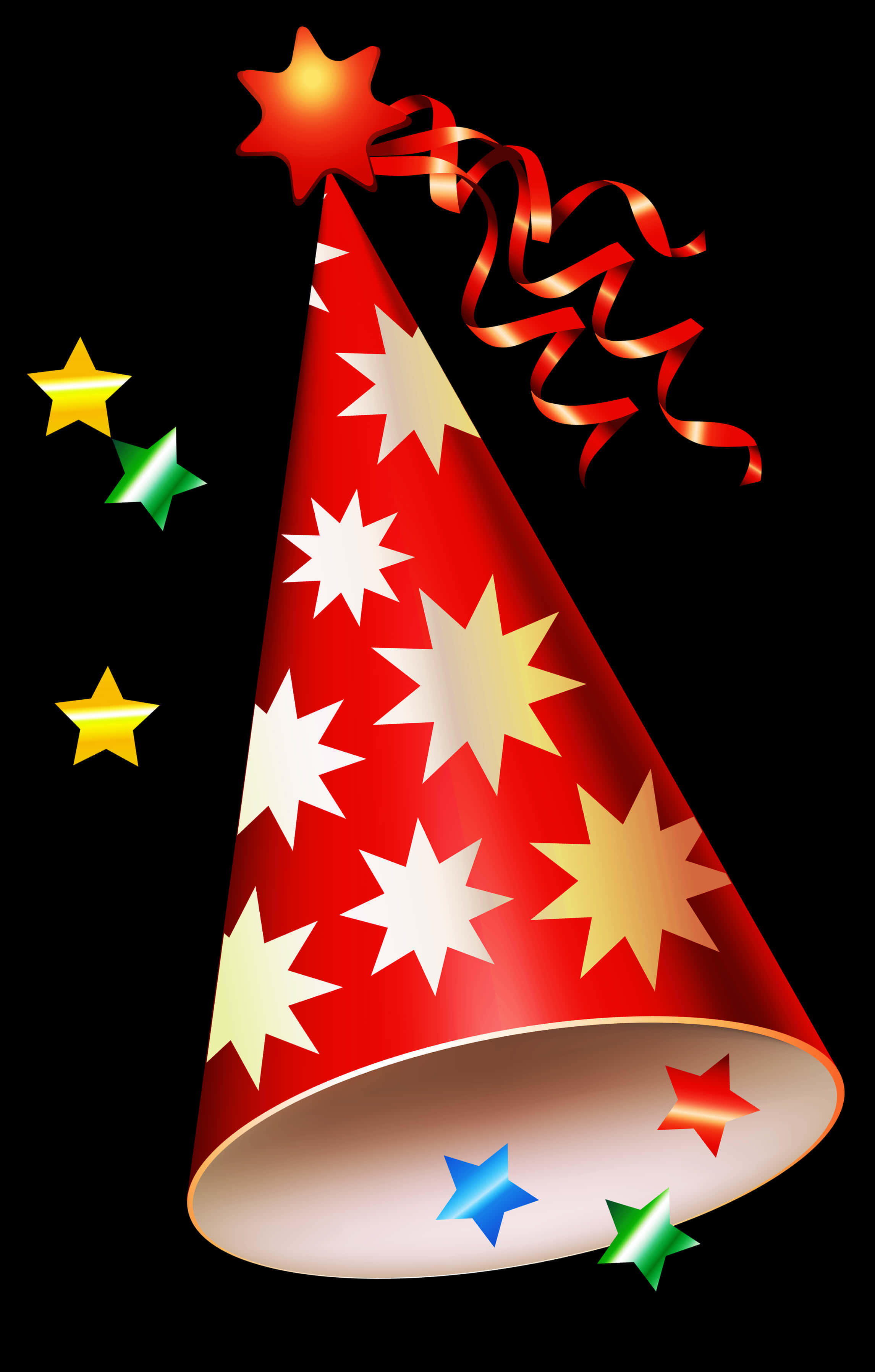 A Red And White Party Hat With Stars And Confetti