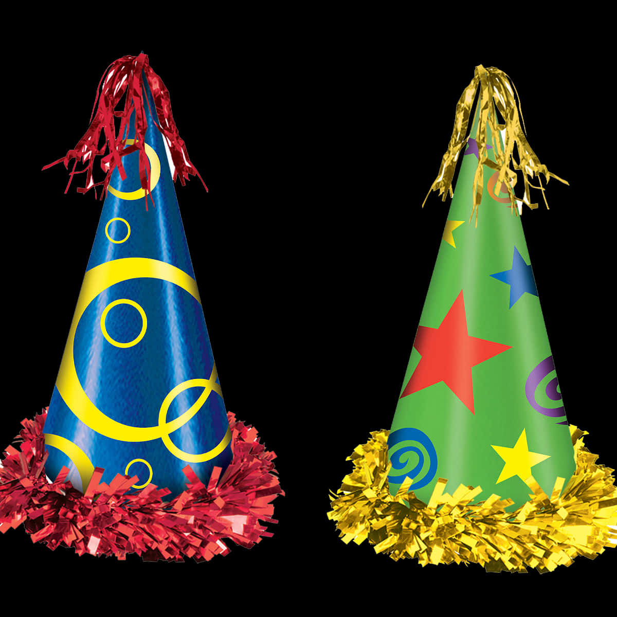 A Pair Of Party Hats With Tinsel