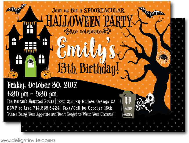 A Halloween Party Invitation With A Tree And Bats