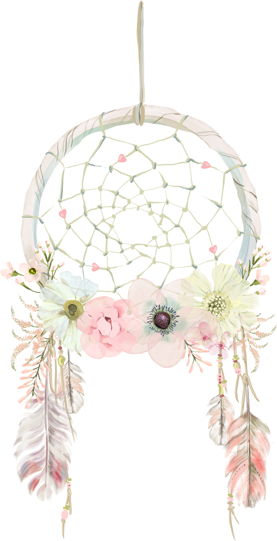 A Dream Catcher With Flowers And Feathers