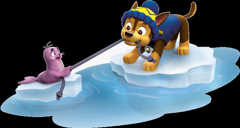 A Cartoon Character Pulling A Cat On An Ice Floe