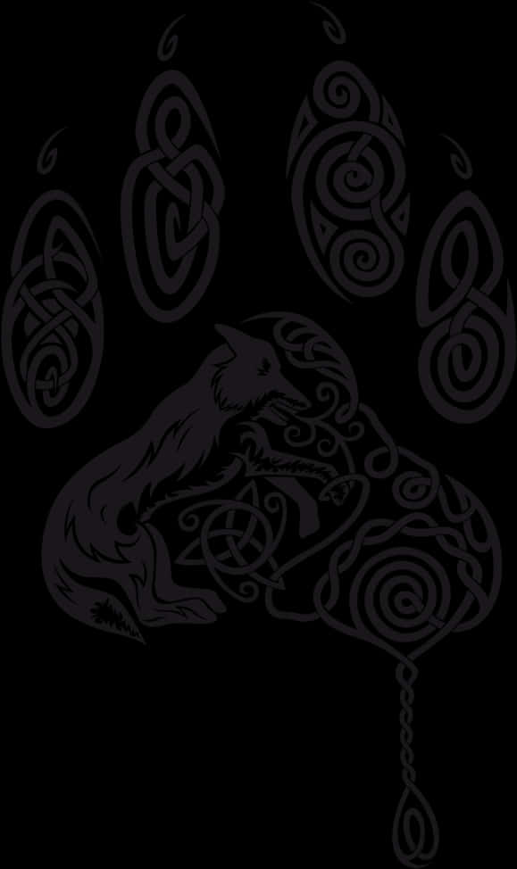 A Black Background With A Wolf And Celtic Patterns