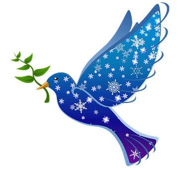 A Blue Bird With Snowflakes And A Branch In Its Mouth