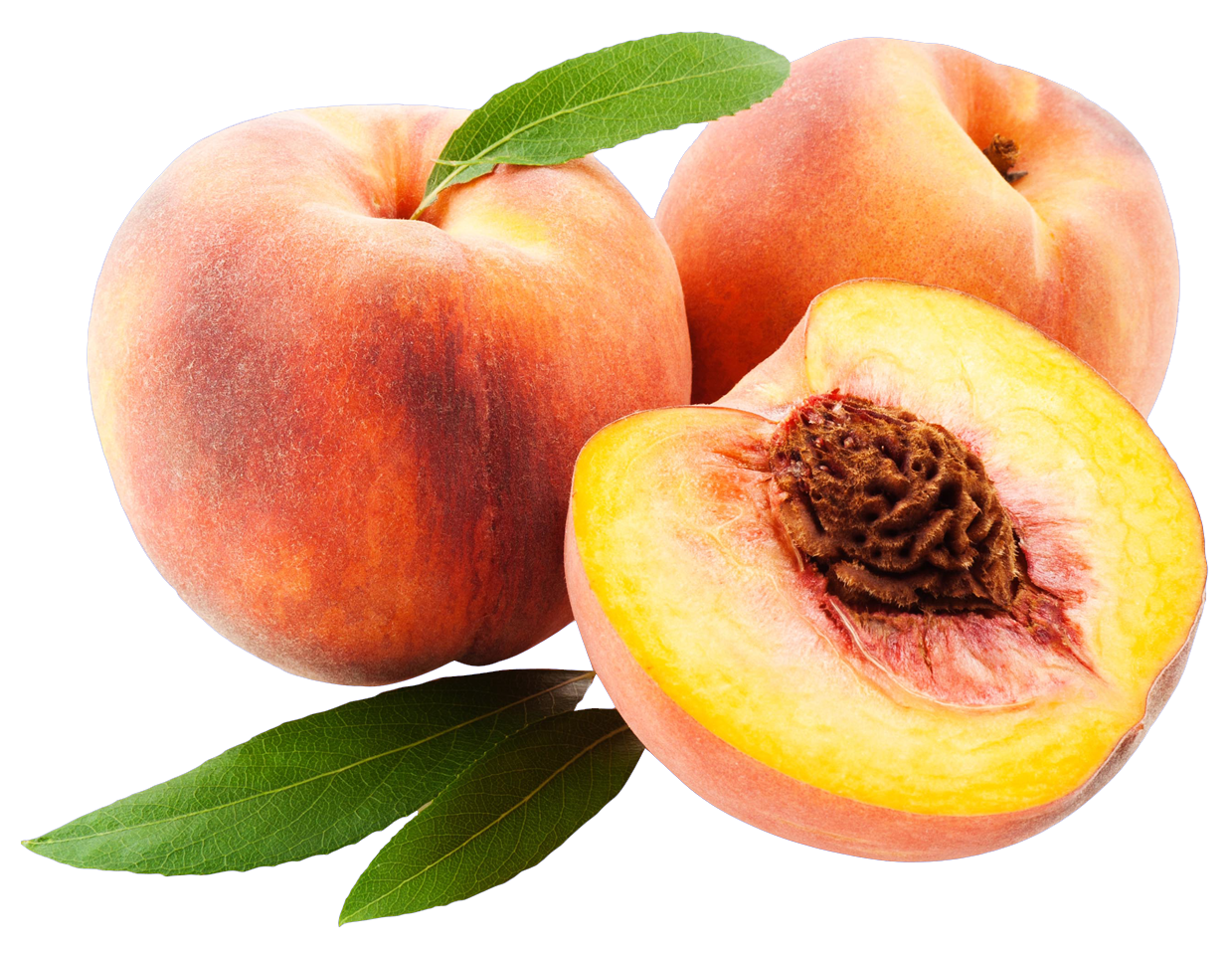 A Group Of Peaches With Leaves