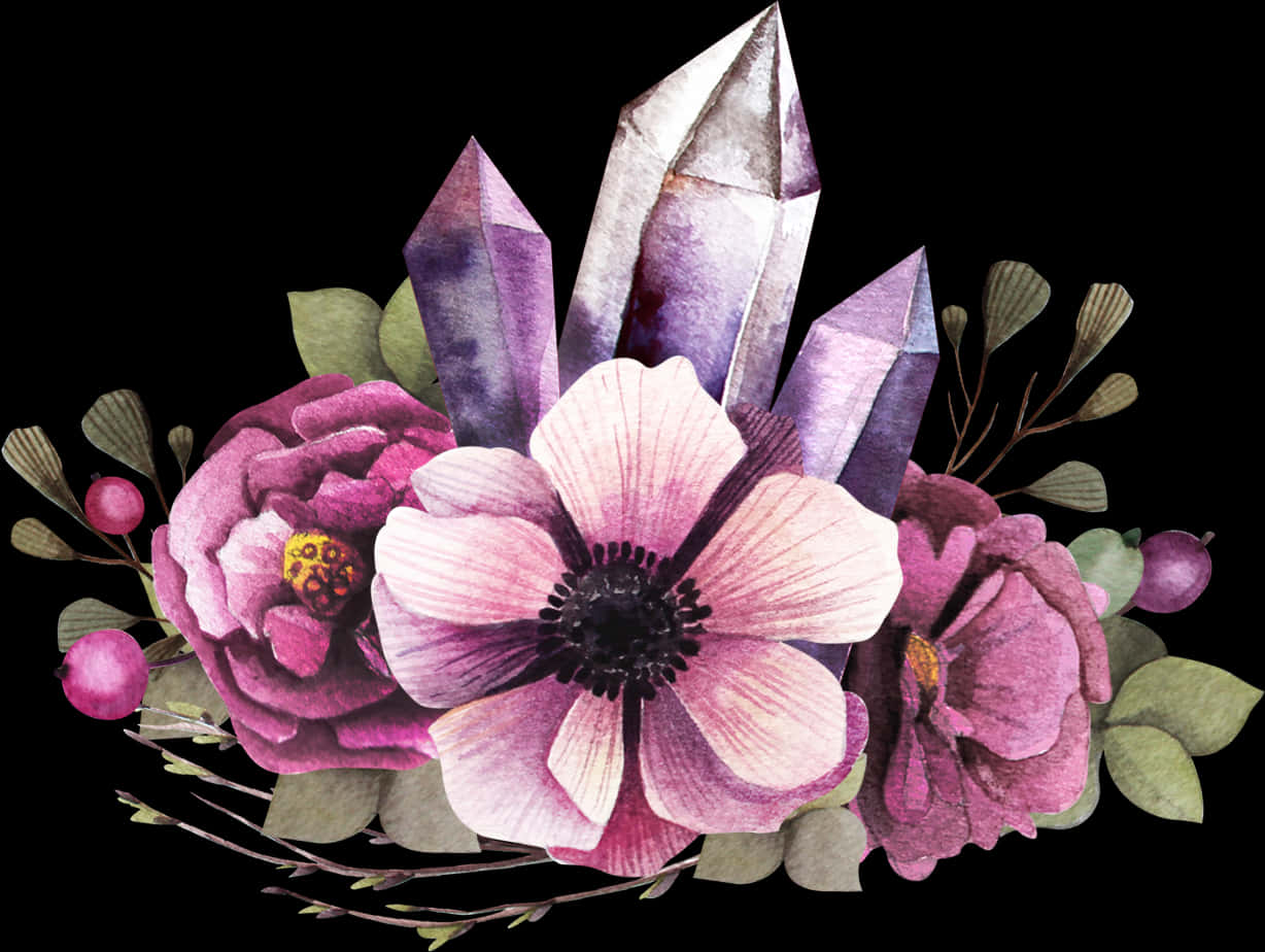 A Watercolor Of Flowers And Crystals