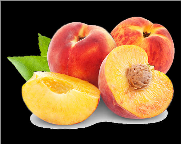 A Group Of Peaches With Leaves