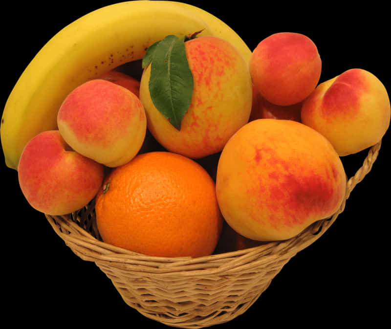 A Basket Of Fruit With A Banana And Peaches