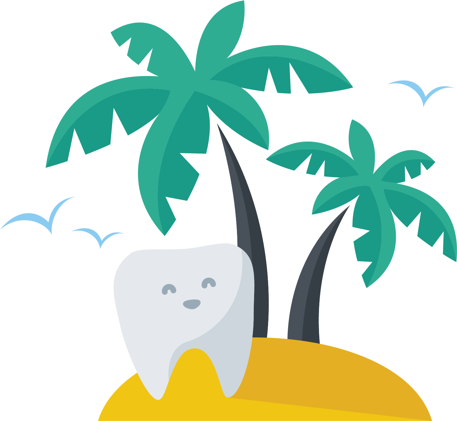 A Cartoon Of A Tooth On A Beach With Palm Trees