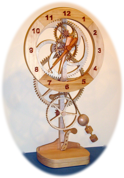 A Wooden Clock With Gears And A Ball