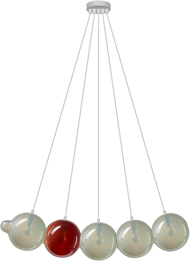 A Group Of White Balls With Red And Clear Bubbles From Strings