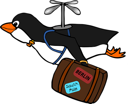 A Cartoon Penguin Riding A Suitcase