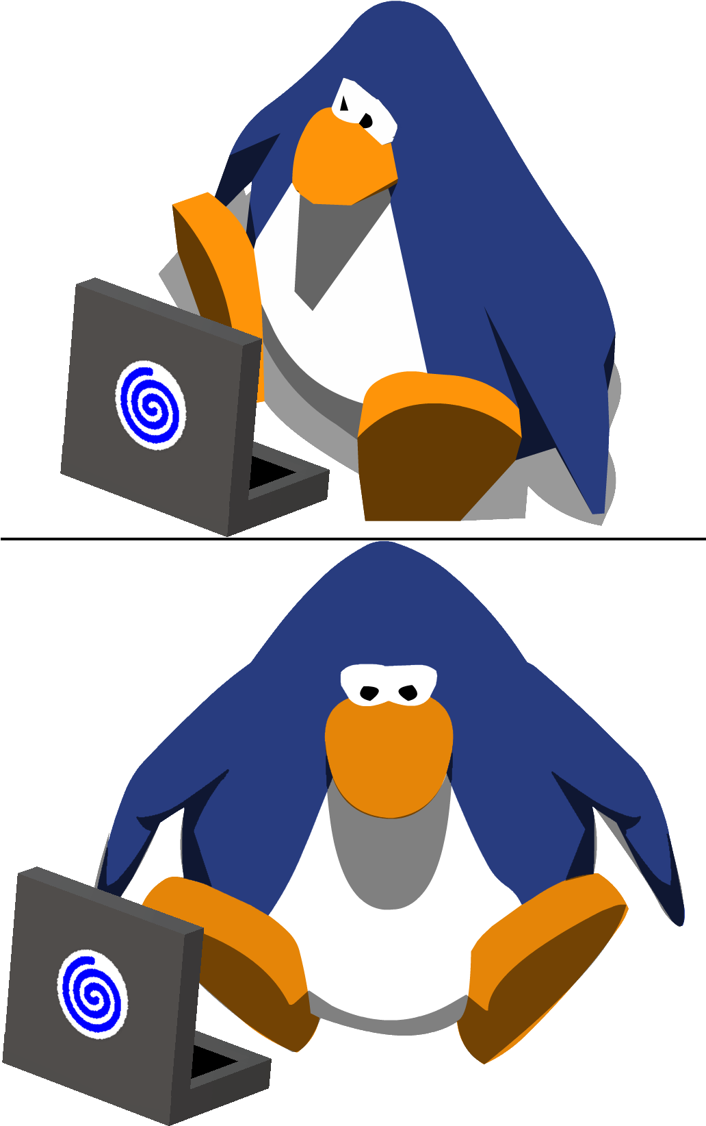 A Cartoon Penguin Using A Laptop