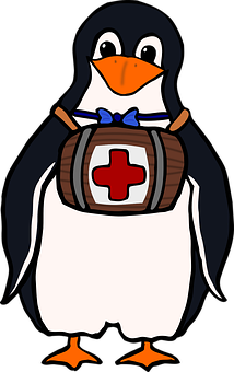 A Cartoon Of A Penguin With A Barrel Of Medicine
