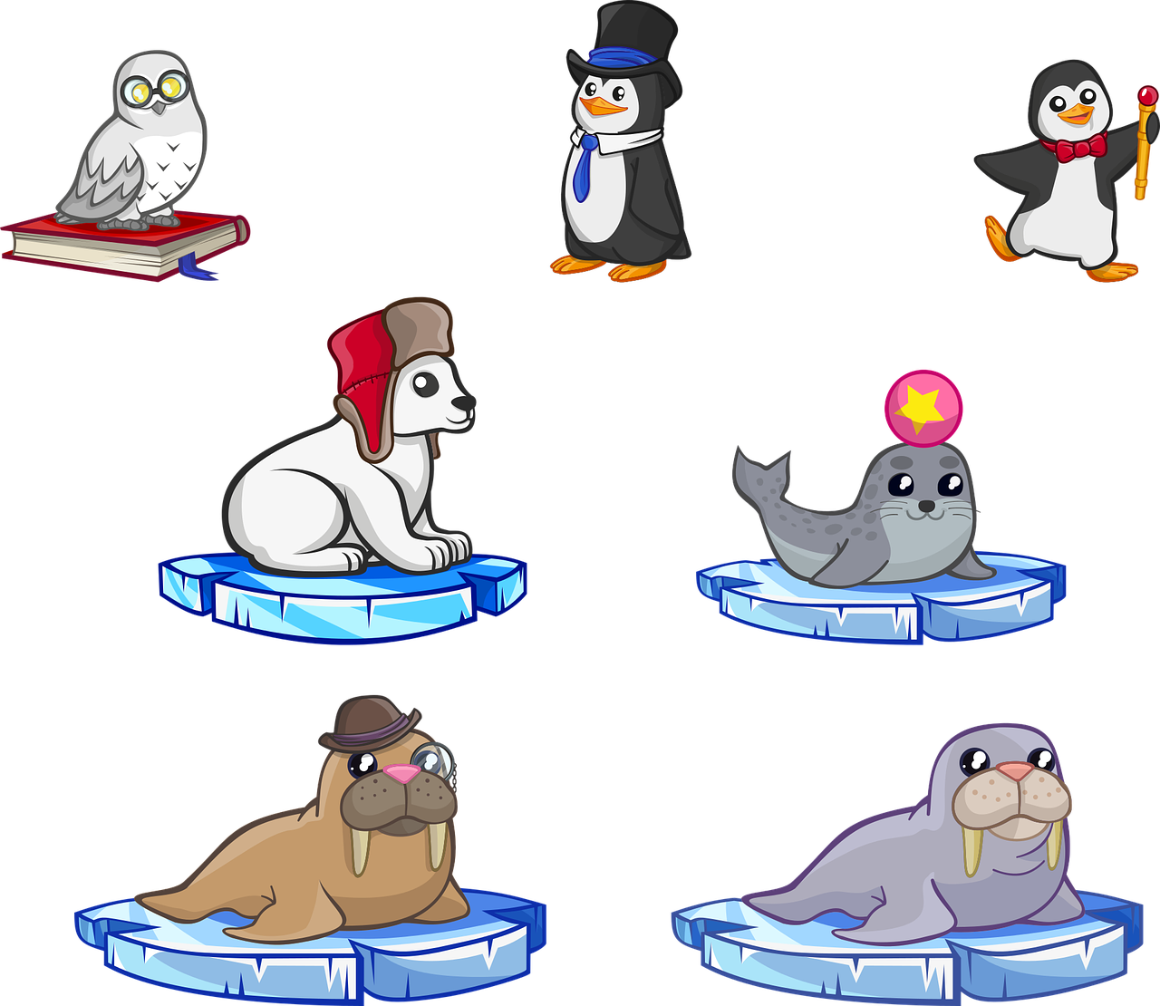 Cartoon Animals On Ice Floes
