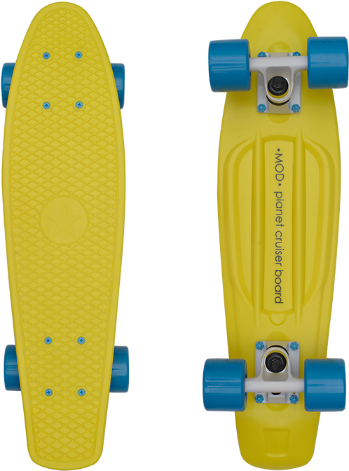 A Yellow Skateboard With Blue Wheels