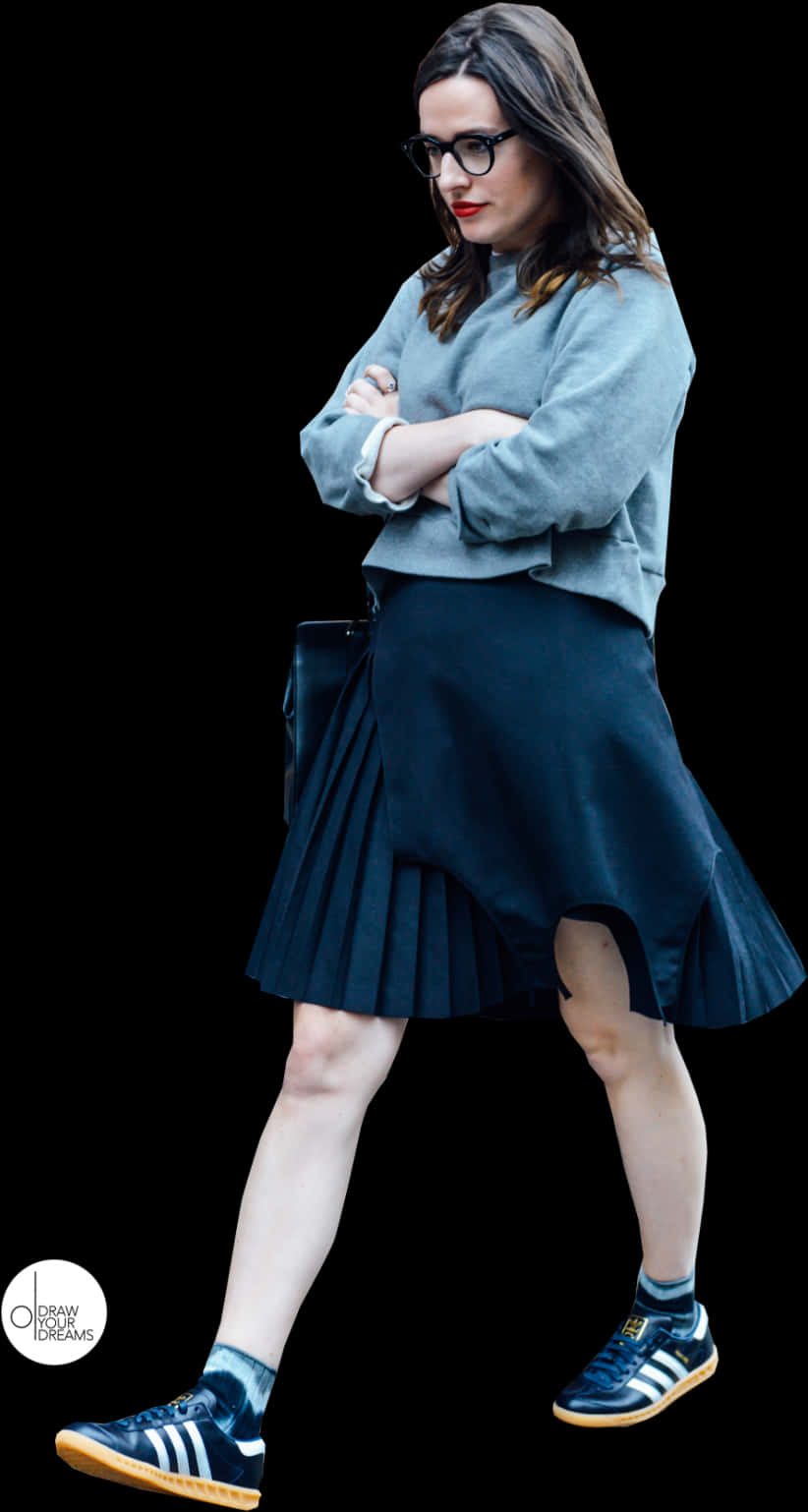 A Woman In A Skirt And A Blue Shirt