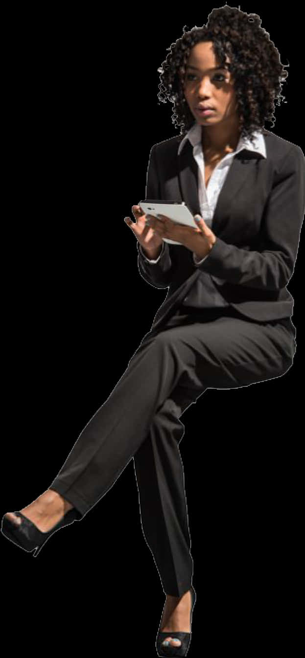 A Woman In A Suit Holding A Tablet