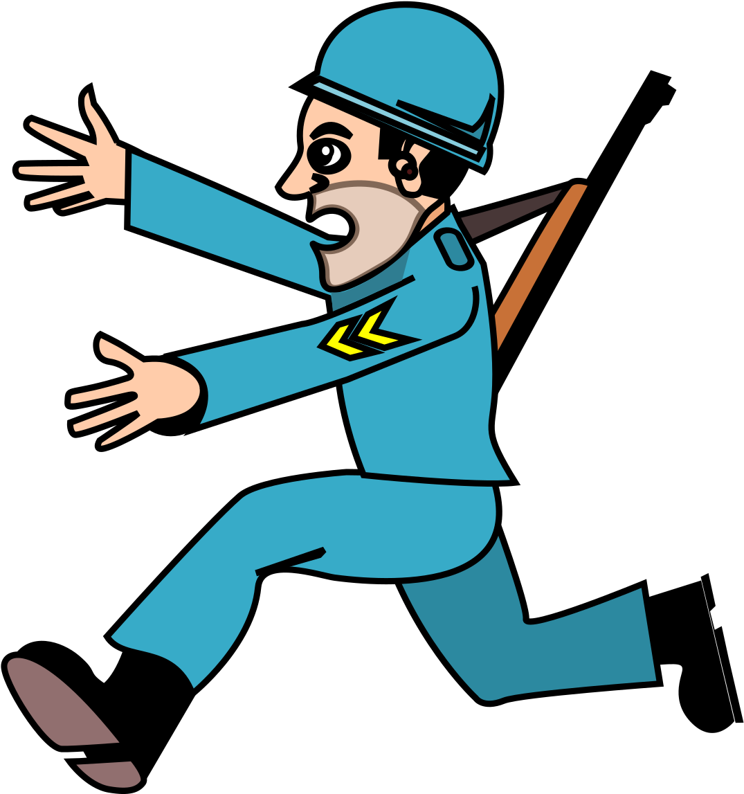 A Cartoon Of A Man In A Blue Uniform Running