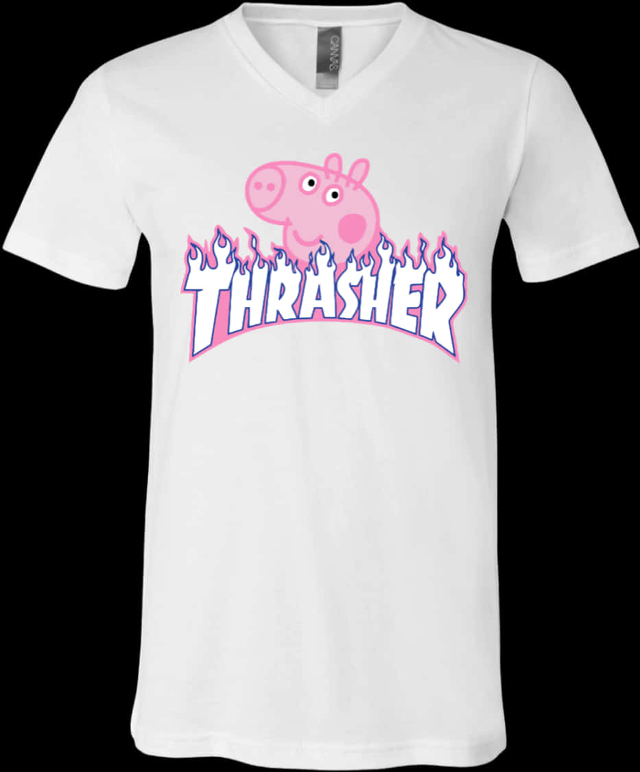 A White V-neck Shirt With A Cartoon Pig On It