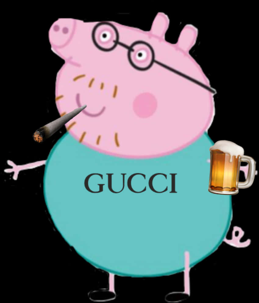 A Cartoon Pig Holding A Cigarette And A Glass Of Beer