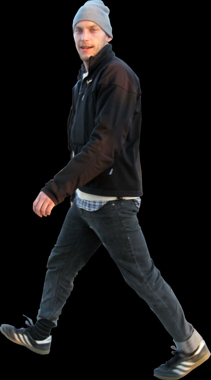 A Man Walking In A Black Jacket