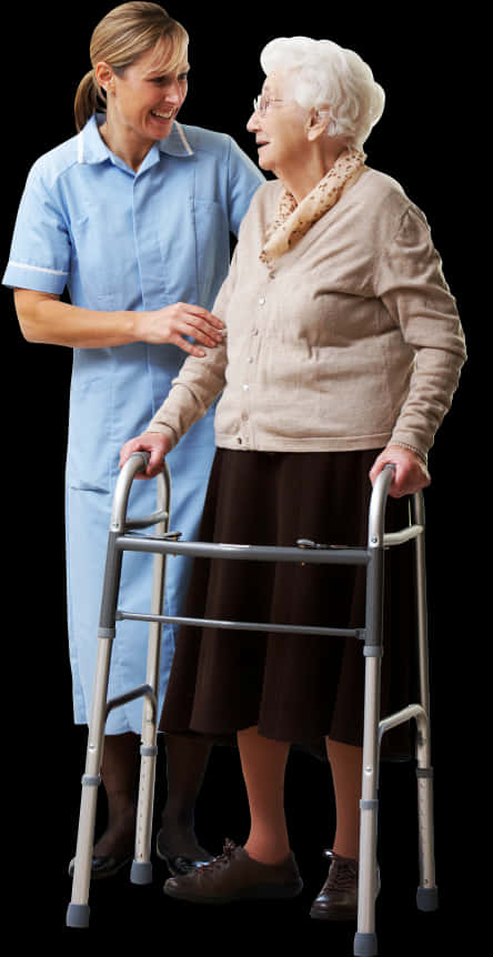A Nurse Helping An Old Woman With A Walker